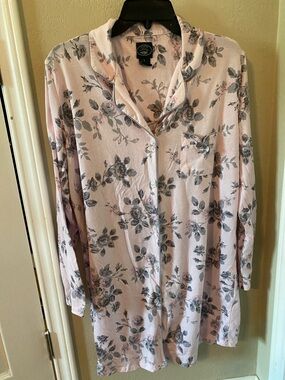 Floral Button-Up Sleep Shirt - Light Pink with Gray Roses by Laura Ashley
